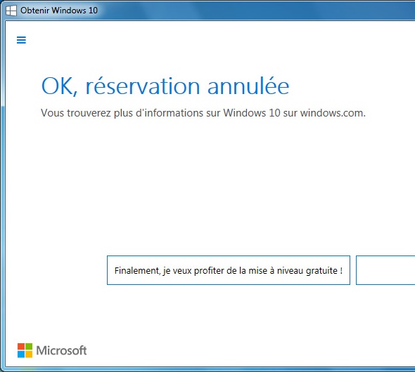 Confirmation d'annulation de réservation de Windows 10