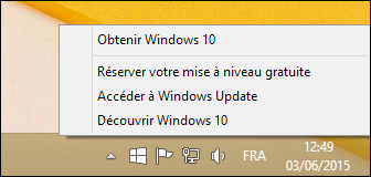 Menu de l'icône Obtenir Windows 10 dans la zone de notification