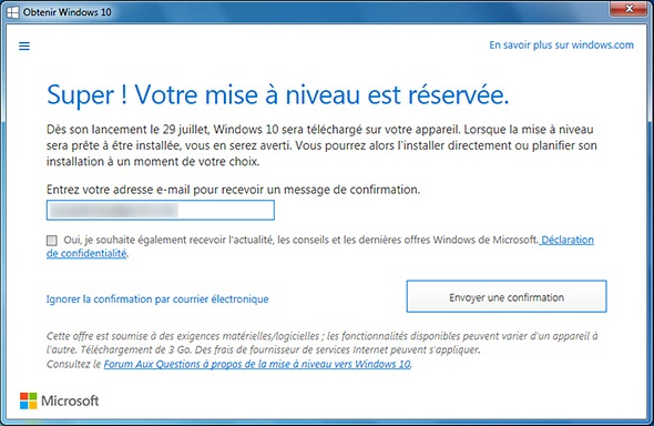 Recevoir un email pour Obtenir Windows 10